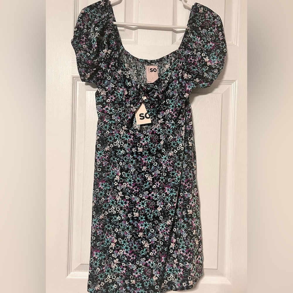NWT Small So Floral Mini Dress with Cut Out - Teal and Purple Floral print